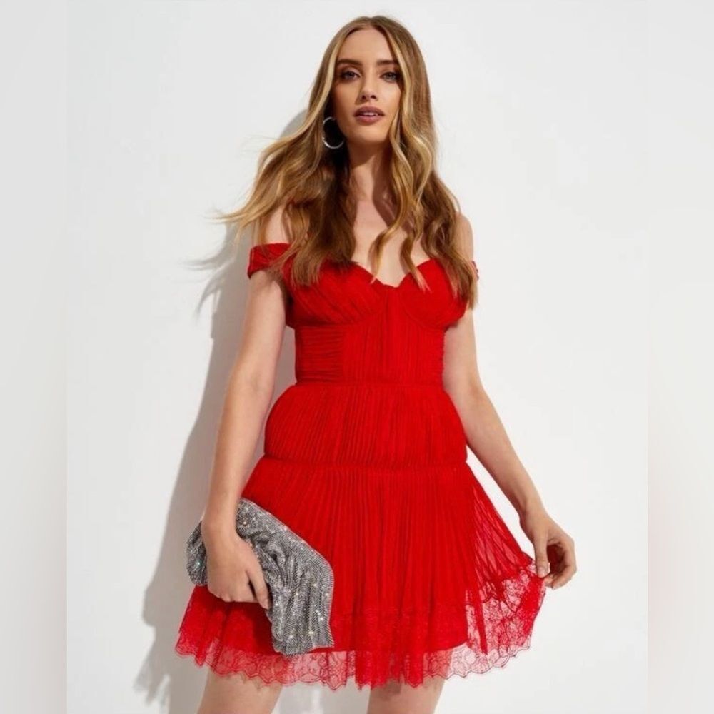 Self-Portrait Dark Red Off Shoulder Pleated Chiffon Mini Dress Size 4
